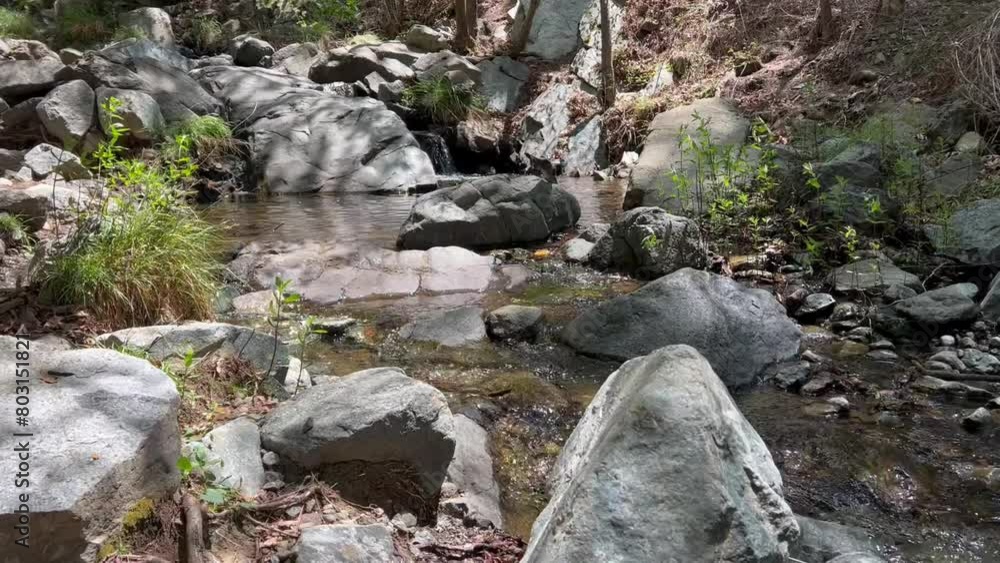 Clean water in a mountain river flows smoothly over stones and rocks. Waterfall. Clean water in a mountain river flows smoothly over stones and rocks. Waterfall.