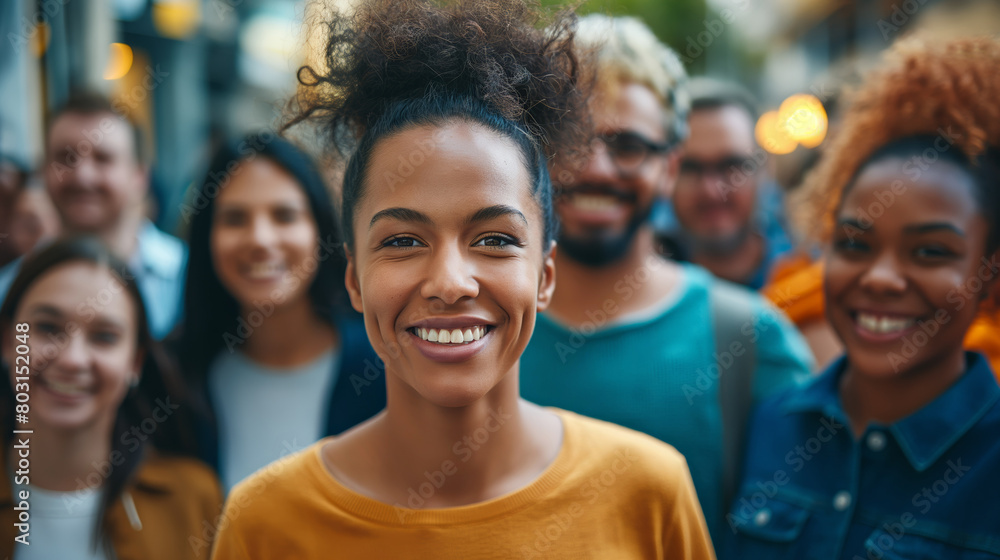 Vibrant diverse group portrait, joyful woman in focus. Ideal for themes of unity in diversity, social togetherness, and community engagement. Vibrant diverse group portrait, joyful woman in focus. Ideal for themes of unity in diversity, social togetherness, and community engagement.