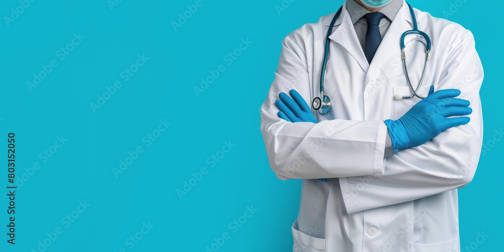 Doctor banner. Man with Stethoscope on a blue studio color. Happy nurse in protective gloves wearing scrubs, provide checkup, examine patient in clinic. Medical care, insurance, prescription or career Doctor banner. Man with Stethoscope on a blue studio color. Happy nurse in protective gloves wearing scrubs, provide checkup, examine patient in clinic. Medical care, insurance, prescription or career