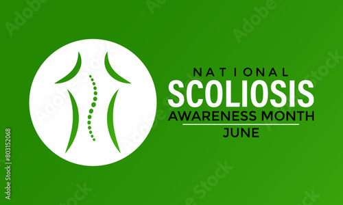Vector illustration on the theme of National Scoliosis awareness month observed each year in June. Green ribbon with human body design illustration. Banner poster, flyer and background design.
