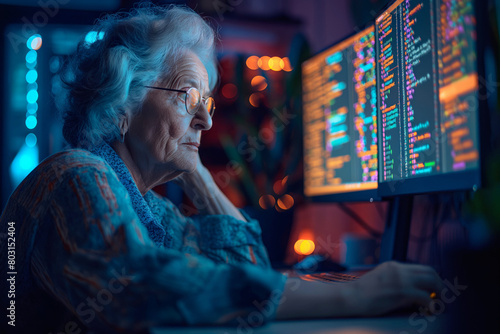 Elderly woman coding late at night. Captures the unexpected involvement of seniors in tech, ideal for discussions on age diversity in technology workplaces