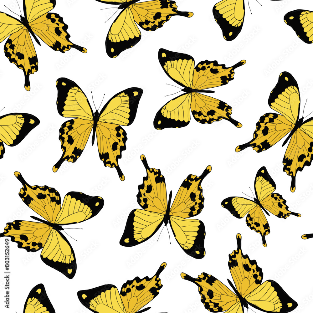 Fototapeta premium Yellow butterflies seamless pattern with hand drawn machaon butterflies on white background for wallpaper, textile prints, wrapping paper, packaging, stationary, etc. EPS 10