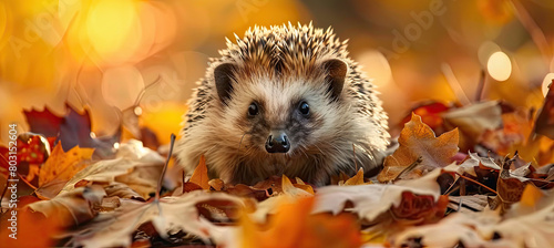 A cute hedgehog sits in autumn leaves