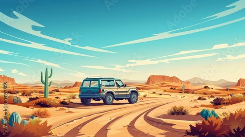 Road fork in desert. Concept of direction choice, make decision and choose path. Modern cartoon illustration of hot desert landscape with sand, cactuses, highway crossroads and SUV vehicle. photo