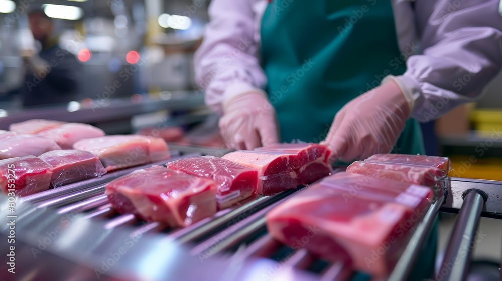 A worker wearing a hairnet, gloves, and apron is shown packaging steaks on a conveyor belt.