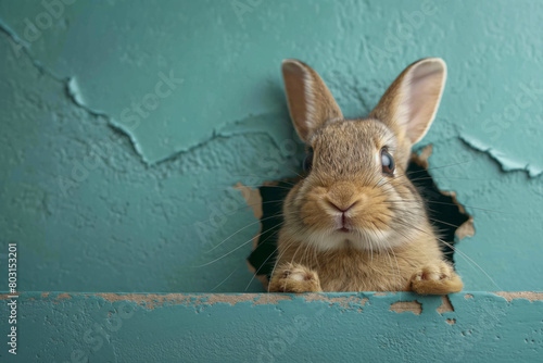 Cute easter bunny poster peeking out of a hole in the wall with copy space, rabbit jumps out of a torn hole. Generative AI