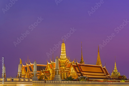 Twilight view of Wat Phra Kaew temple or The Temple of the Emerald Buddha or Wat Phra Si Rattana Satsadaram Landmark of Thailand photo