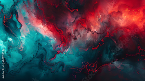Fusion of ruby red and electric teal, resulting in a visually mesmerizing liquid background that evokes a sense of movement and vitality photo