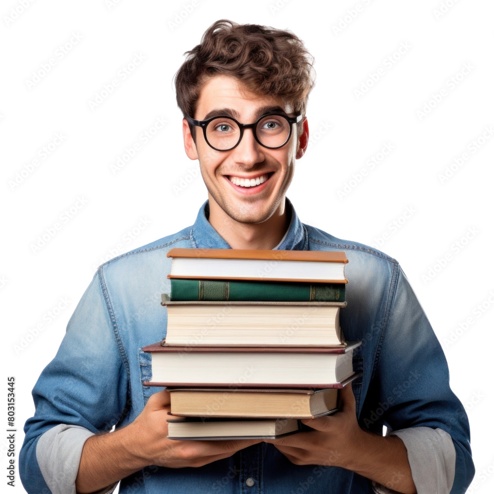 PNG College student holding stack of books publication glasses reading PNG College student holding stack of books publication glasses reading