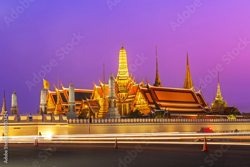 Twilight view of Wat Phra Kaew temple or The Temple of the Emerald Buddha or Wat Phra Si Rattana Satsadaram Landmark of Thailand photo