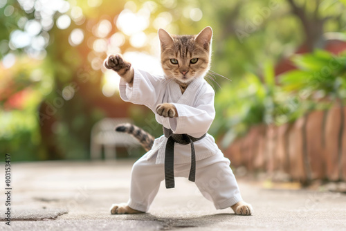 Cute tabby cat in karate uniform striking a pose photo
