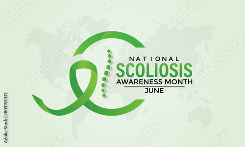 Vector illustration on the theme of National Scoliosis awareness month observed each year in June. Green ribbon with human body design illustration. Banner poster, flyer and background design.
