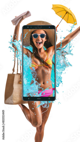 Woman in Bikini Emerging from the screen of a  Cell Phone
