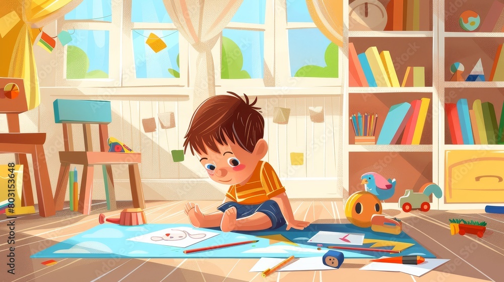 An illustration of a child playing in his room with a pencil in hand, preparing to paint or draw, a baby having fun at home with toys and furniture, and a large window, cartoon modern image. An illustration of a child playing in his room with a pencil in hand, preparing to paint or draw, a baby having fun at home with toys and furniture, and a large window, cartoon modern image.
