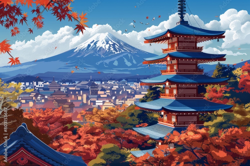 Illustration of Mount Fuji and Chureito Pagoda