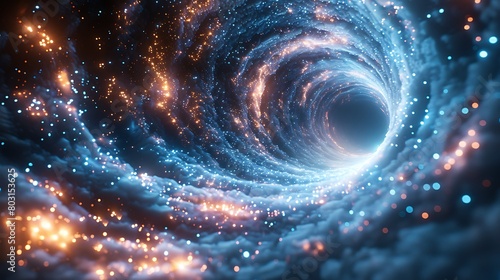 Illustrate a Hyperspace Tunnel as a flowing river of light, guiding the viewer's eye through a surreal and fast-paced journey across the cosmos. photo