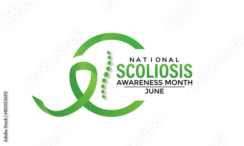 Vector illustration on the theme of National Scoliosis awareness month observed each year in June. Green ribbon with human body design illustration. Banner poster, flyer and background design.
