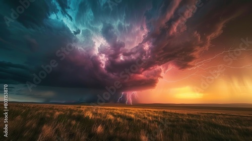 Dramatic storm clouds over a serene prairie with lightning strike at sunset