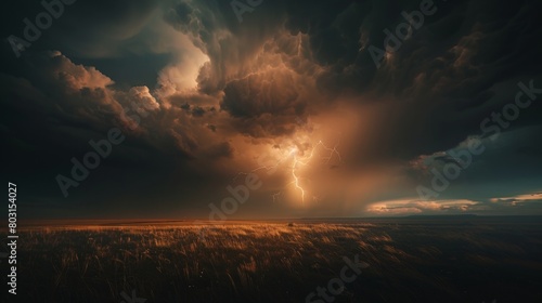 Dramatic storm clouds over a vast plain with intense lightning strike