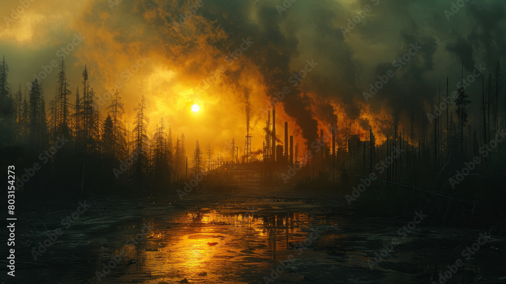 Environmental devastation: Acid rain, dying trees, corrosion.generative ai Environmental devastation: Acid rain, dying trees, corrosion.generative ai