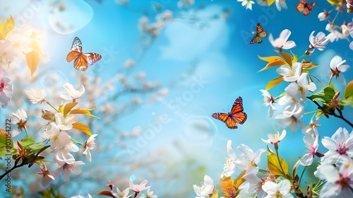 pring banner, branches of blossoming cherry against background of blue sky and butterflies on nature outdoors. Pink sakura flowers, dreamy romantic image spring, landscape panorama, copy space. © Muzikitooo
