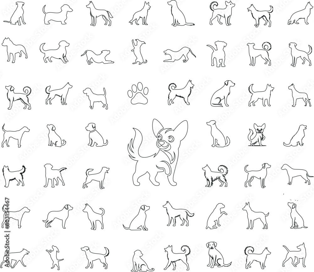Dog line art collection, various breeds in playful poses. Perfect dog vector set for pet lovers, art projects, dog themed content. Minimalist, expressive illustrations of man’s best friend