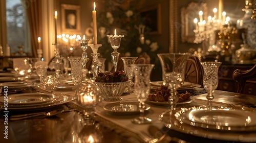 Imagine a sumptuous dining room scene, with an elegant table set for a feast, adorned with crystal glassware and fine china, bathed in the soft glow of candlelight