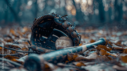 vieux gant, batte et balle de baseball abandonné sur le sol photo