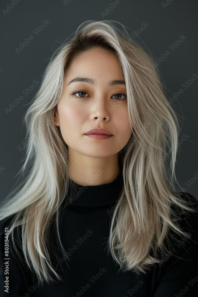 Naklejka premium Serene young woman with tousled silver hair, wearing a black turtleneck looks directly at the camera