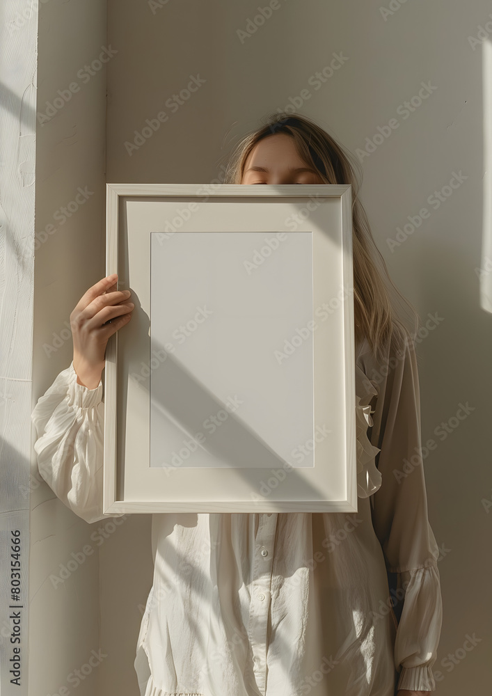 woman holding a frame, white frame woman holding a frame, white frame