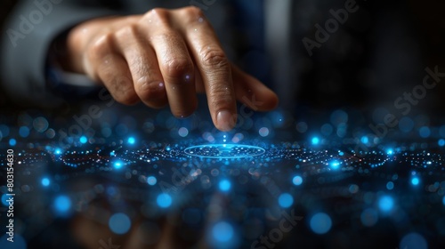 Virtual Trading Experience Depict a close-up shot of a businessmans finger tapping on a holographic interface, executing trades and analyzing photo