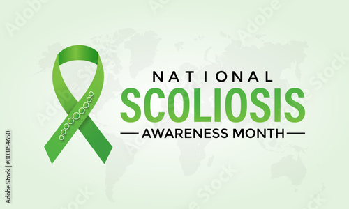 Vector illustration on the theme of National Scoliosis awareness month observed each year in June. Green ribbon with human body design illustration. Banner poster, flyer and background design.
