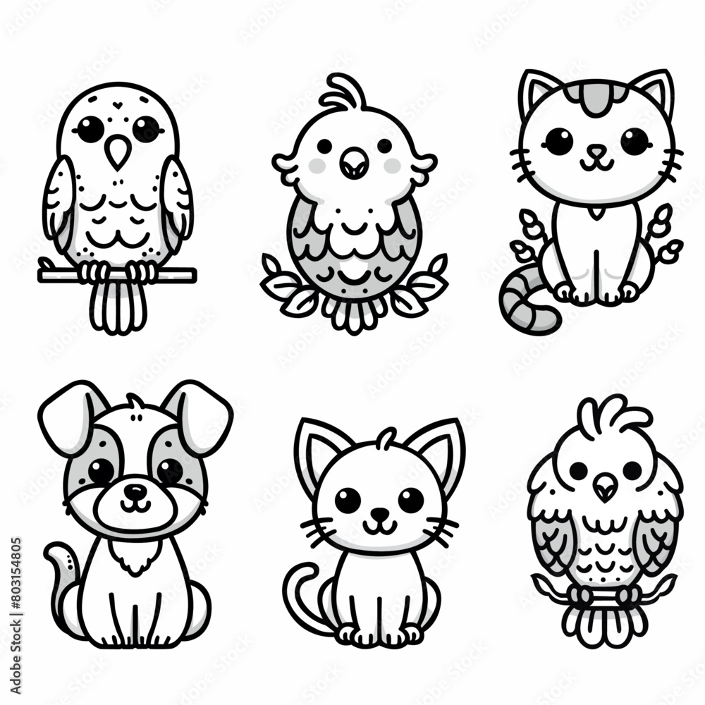cute line art pet icons – cat, dog and parrot characters cute line art pet icons – cat, dog and parrot characters