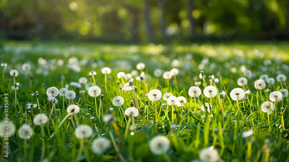 Fototapeta premium White dandelion flowers on a green meadow in the sunlight