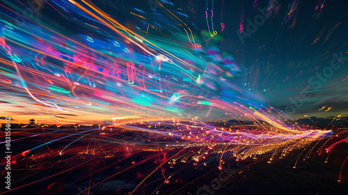 Electric arcs dance across the sky, painting the night with streaks of vibrant energy.