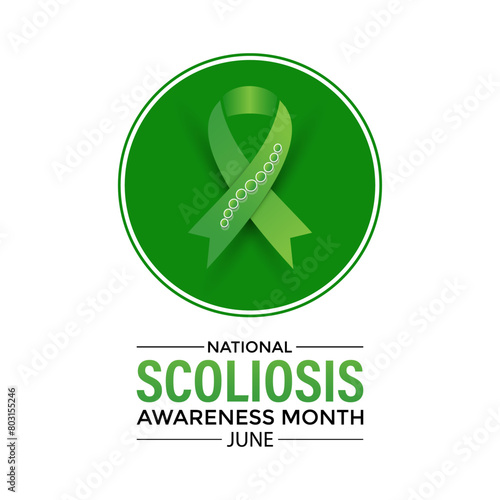 Vector illustration on the theme of National Scoliosis awareness month observed each year in June. Green ribbon with human body design illustration. Banner poster, flyer and background design.
