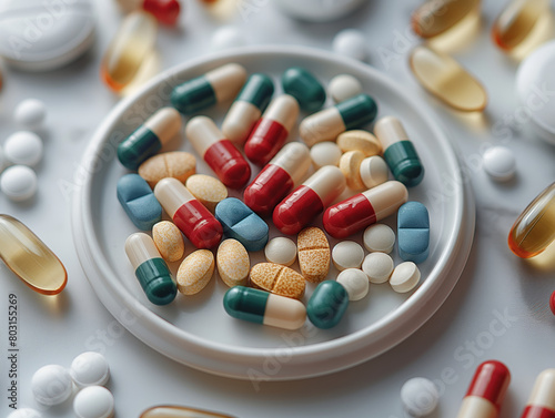 top view of pills and pills blue, green, white in a round plastic plate on a white smooth surface