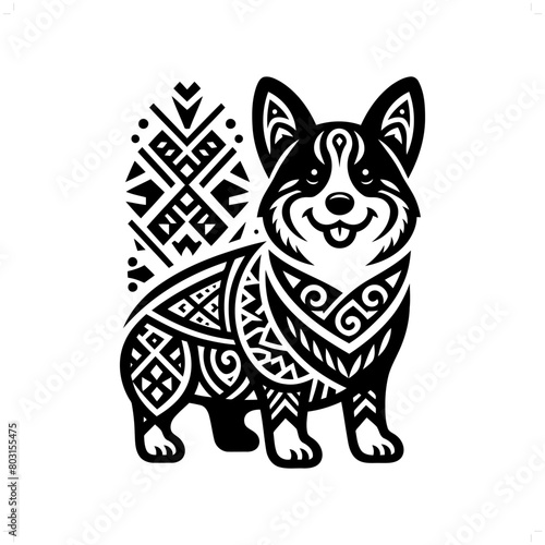 dog, Corgi silhouette in animal ethnic, polynesia tribal illustration