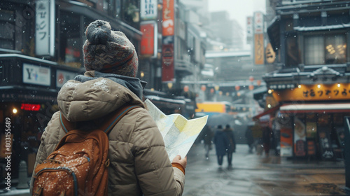 A person wearing a brown jacket and a brown beanie is looking at a map while standing in a snowy street in Japan.