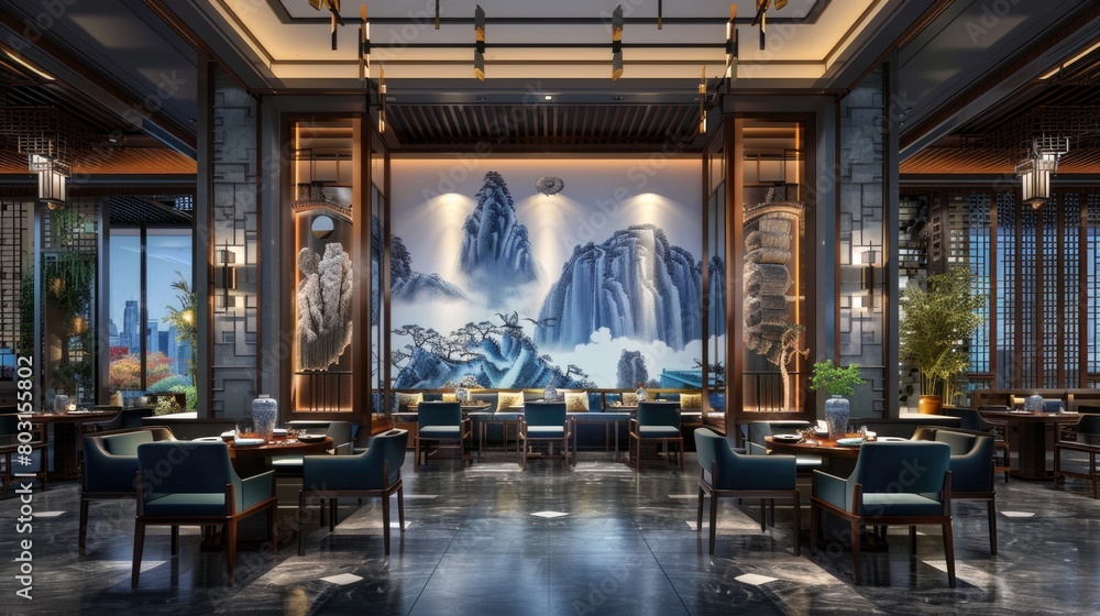 Luxurious Traditional Asian Restaurant Interior with Mountain Mural