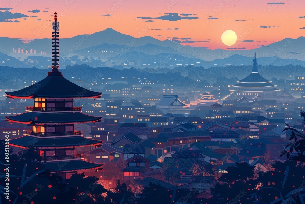 Illustration of Kyoto City with with vibrant colors Illustration of Kyoto City with with vibrant colors