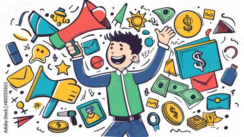 Symbols of online marketing strategy and businessman on modern background with doodle illustration of man with megaphone  website  and cash.