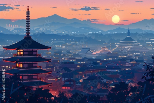 Illustration of Kyoto City with  with vibrant colors photo