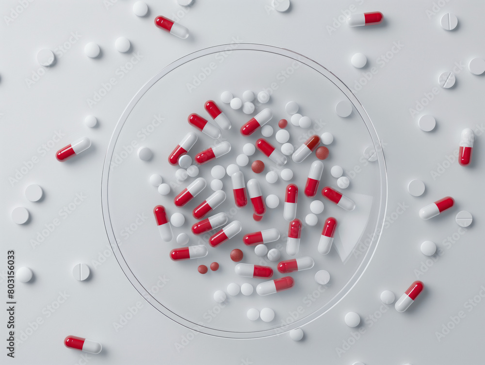 top view of pills and pills blue, green, white in a round plastic plate on a white smooth surface top view of pills and pills blue, green, white in a round plastic plate on a white smooth surface