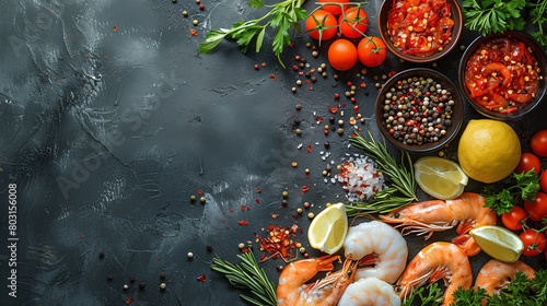 Ingredients for cooking shrimps with herbs, spices and vegetables on dark background