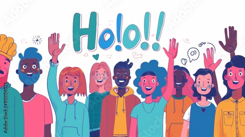Multinational happy young male and female characters greetings, friendly gestures, Line art flat modern illustration of multicultural people speaking different languages and waving hands. photo