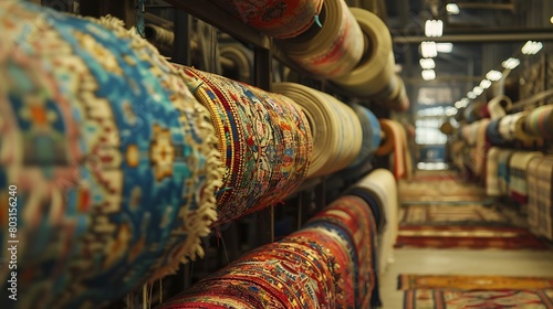 Lose yourself in the intricate patterns of a bustling textile factory, where fabrics of myriad origins are woven together, embodying the tapestry of global trade photo