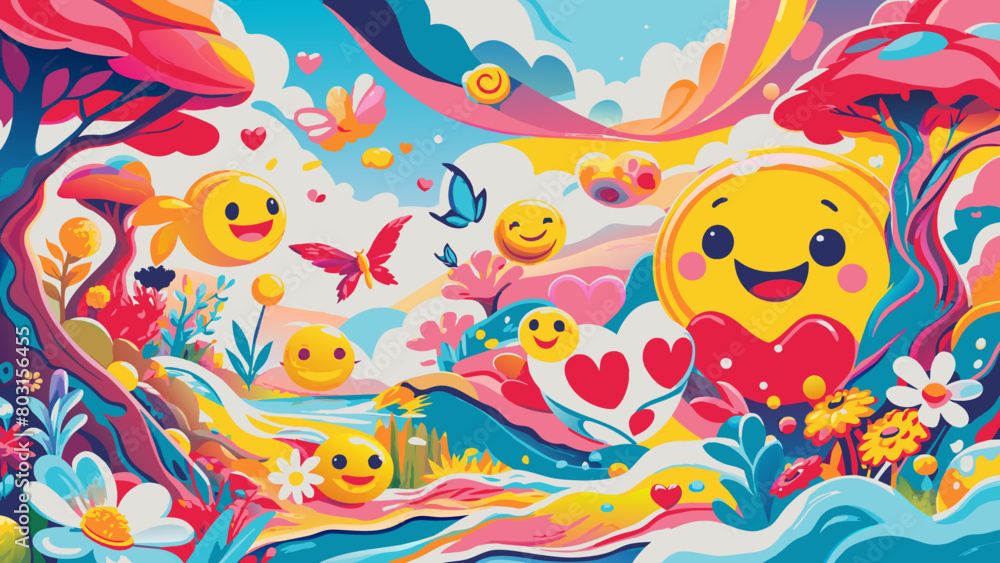 Fototapeta premium Vibrant Cartoon Landscape with Smiling Suns and Playful Nature World Emoji Day