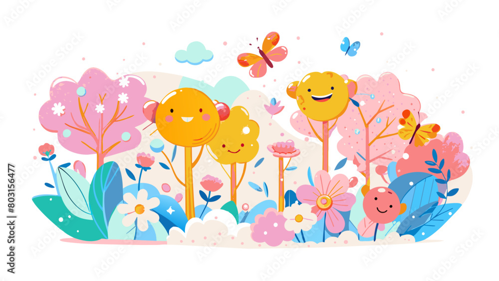 Cheerful Cartoon Flowers and Butterflies in a Vibrant Spring Scene World Emoji Day