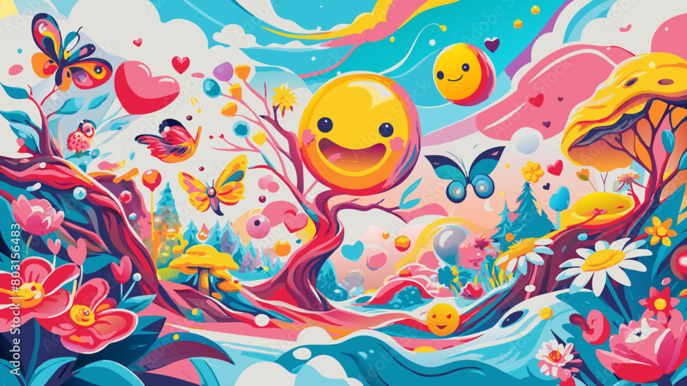 Vibrant Fantasy Landscape with Smiling Suns and Playful Butterflies World Emoji Day